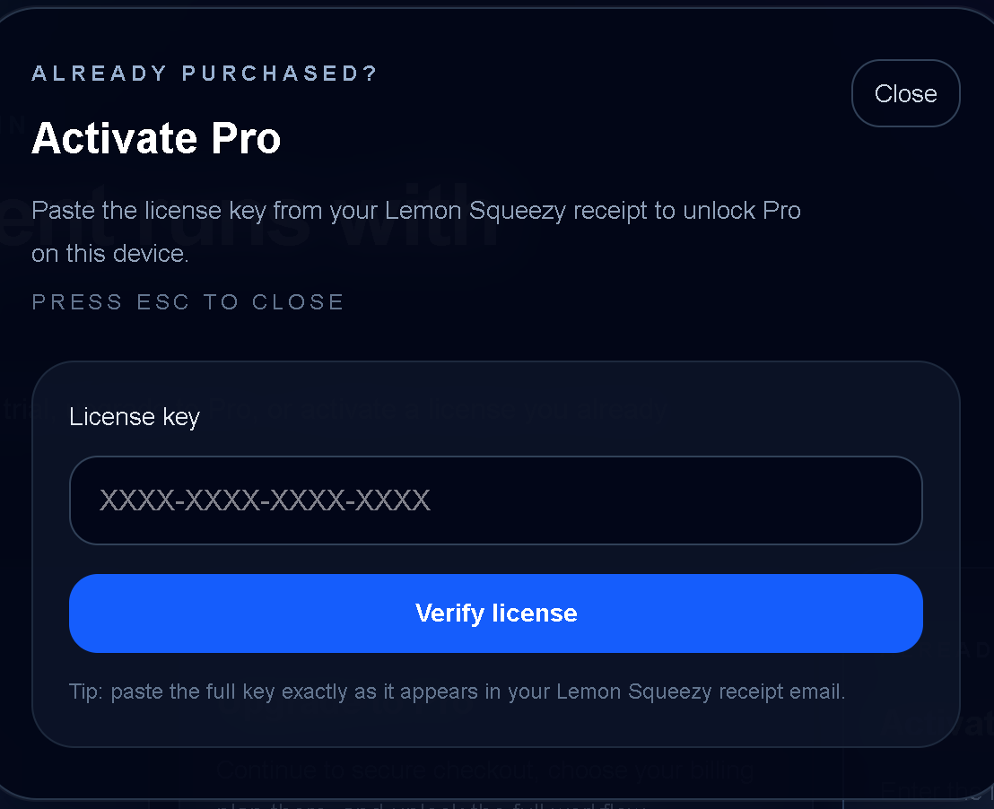 Agent Trace Activate Pro screen with license key field and Verify license button