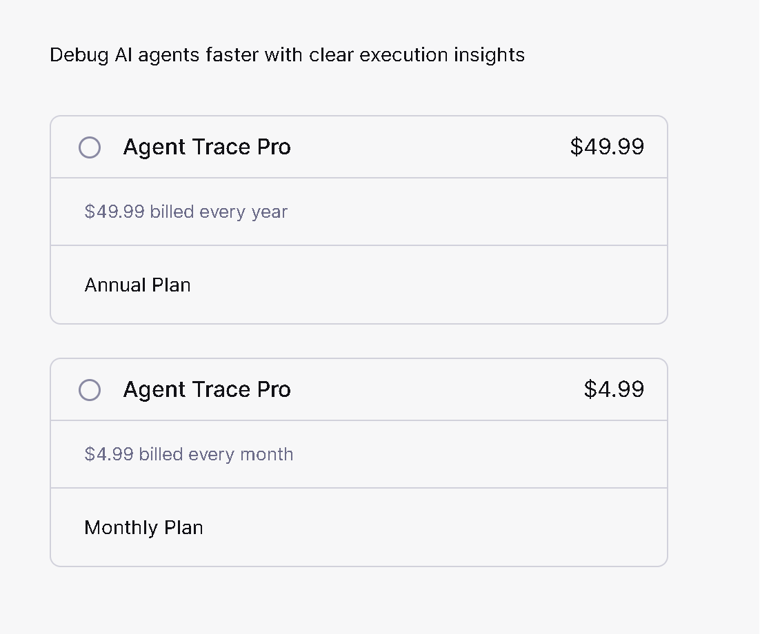 Paddle checkout showing annual and monthly plan choices