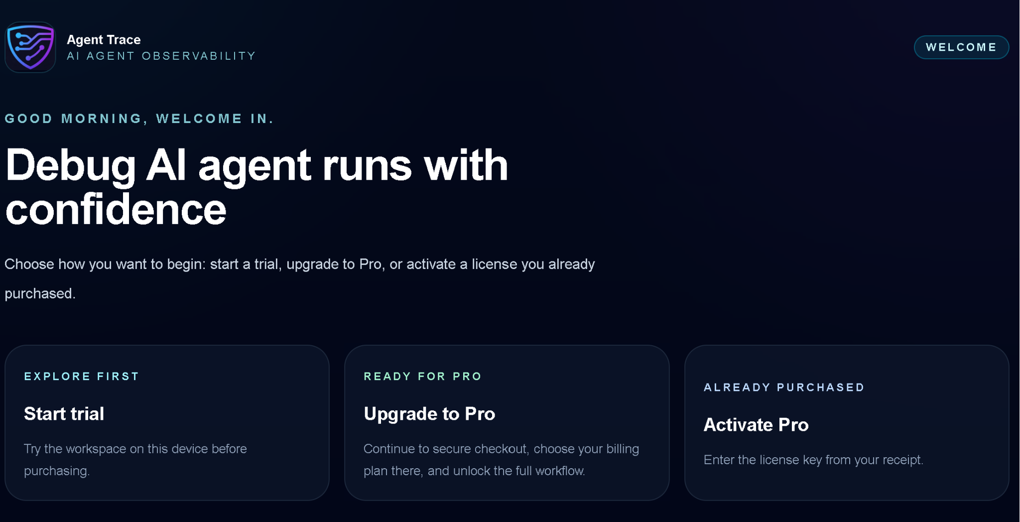 Agent Trace home screen before trial with Start trial, Upgrade to Pro, and Activate Pro options