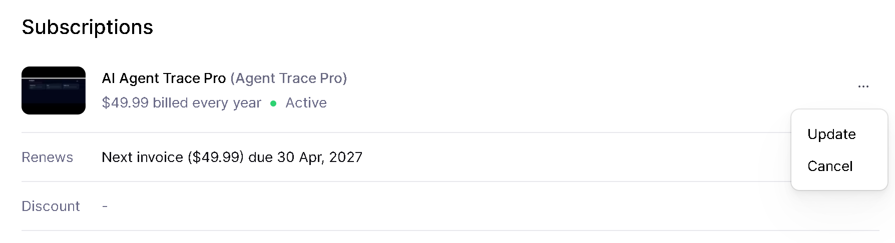 Paddle subscription management page with update and cancel options