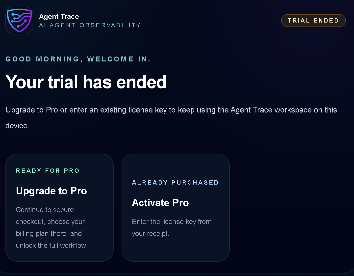 Agent Trace trial ended screen with Upgrade to Pro and Activate Pro options