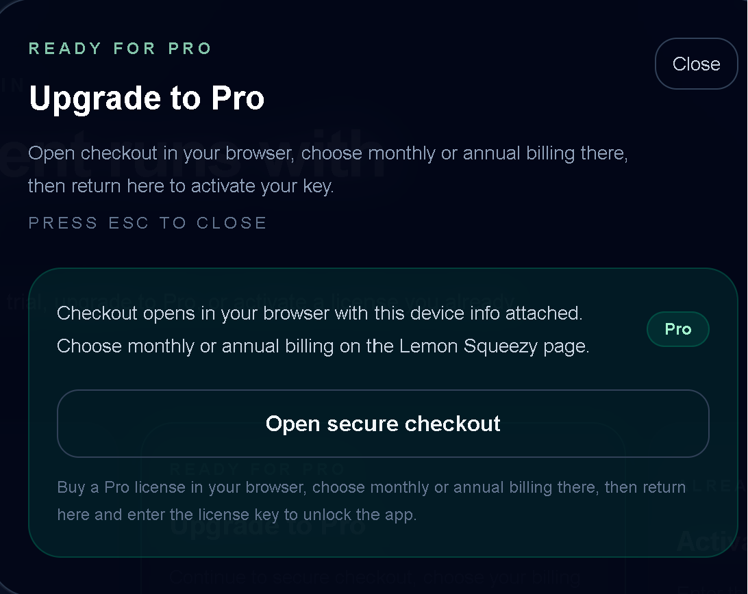 Agent Trace Upgrade to Pro screen with Open secure checkout button